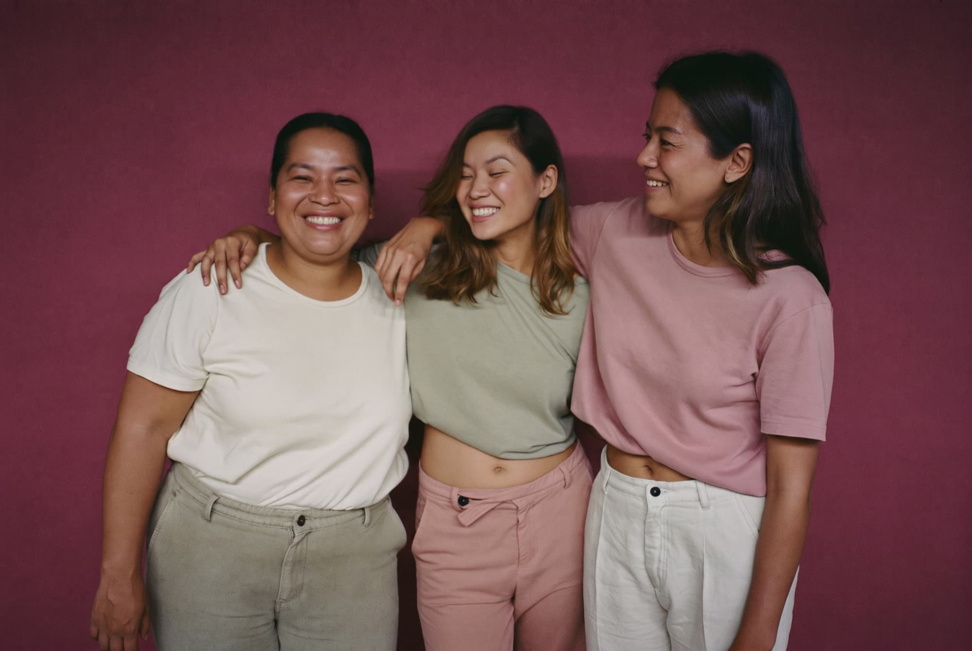 Three Filipino women laughing together against a plum wall